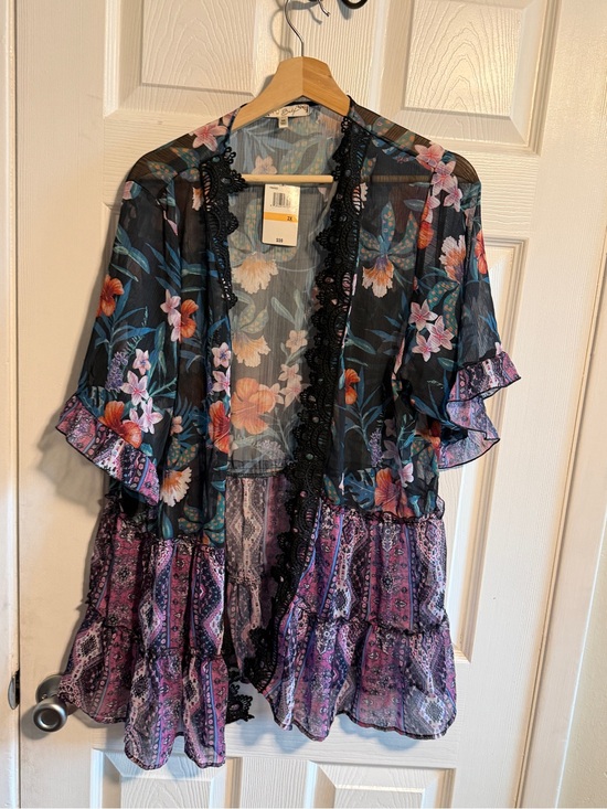 Tru Self Tops - Floral Lace Accent Dress Top - Blue Multi color tunic cardigan 2X
